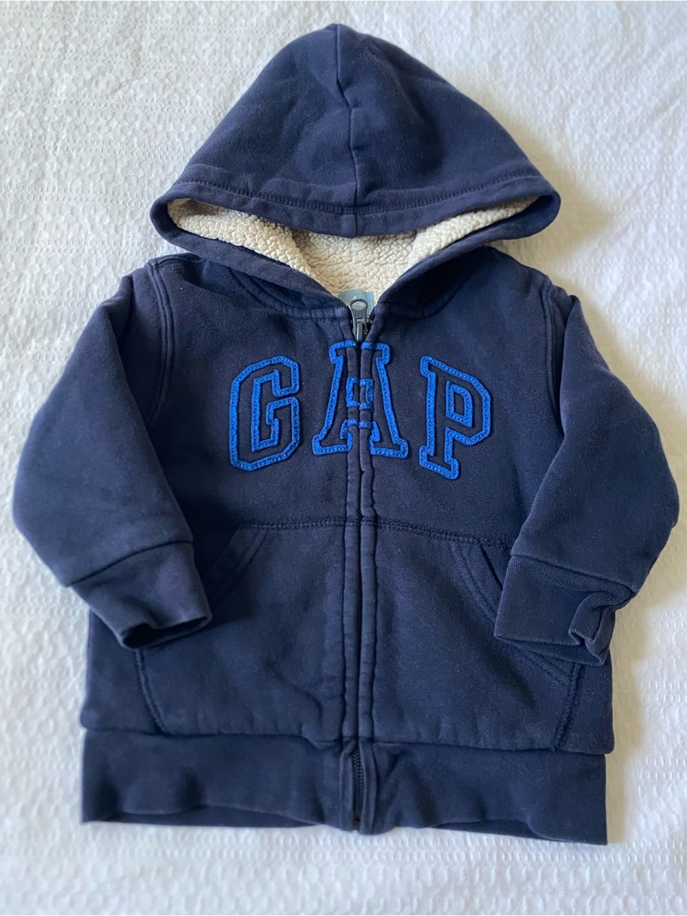 GAP Navy Hoodie with Blue Logo and Cream Sherpa Lining